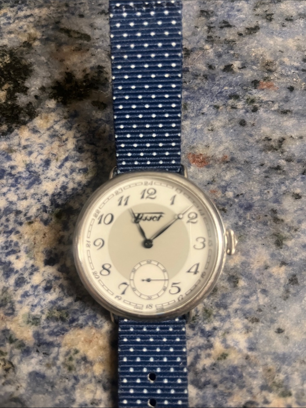 Tissot Silver Case Watch with Cream Dial and Navy Blue Nylon Strap - Picture 2 of 3